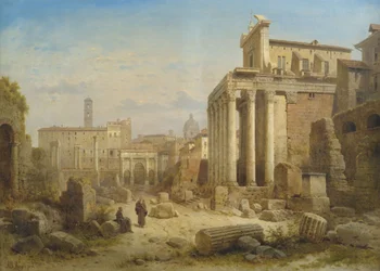 Blick auf das Forum Romanum mit dem Septimius-Severus-Bogen und dem Tempel der Faustina und des Antonius Pius